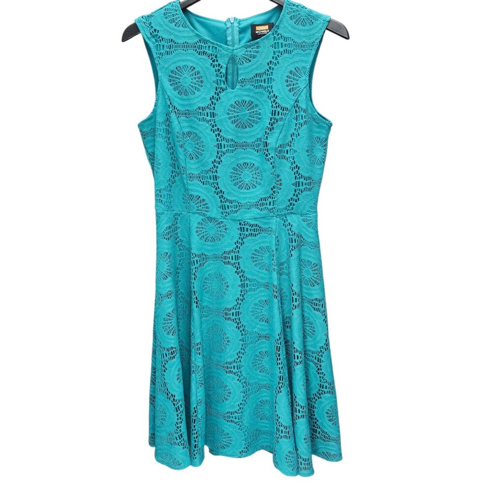 Lori Michaels Collection Fit and Flare Dress Womens 10 Teal Floral Lace Coquette